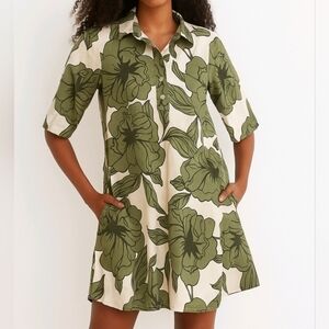 Noeline Paris Shirt Dress Green Floral Tropical 3/4 Sleeve Size M ITALY NEW